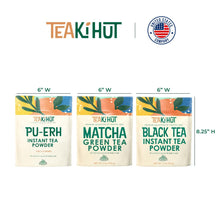 Load image into Gallery viewer, TEAki Hut Instant Tea Powder Bundle Matcha, Black &amp; Pu-Erh, 113 Servings Per Pouch