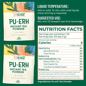 TEAki Hut Instant Tea Powder Bundle Matcha, Black & Pu-Erh, 113 Servings Per Pouch