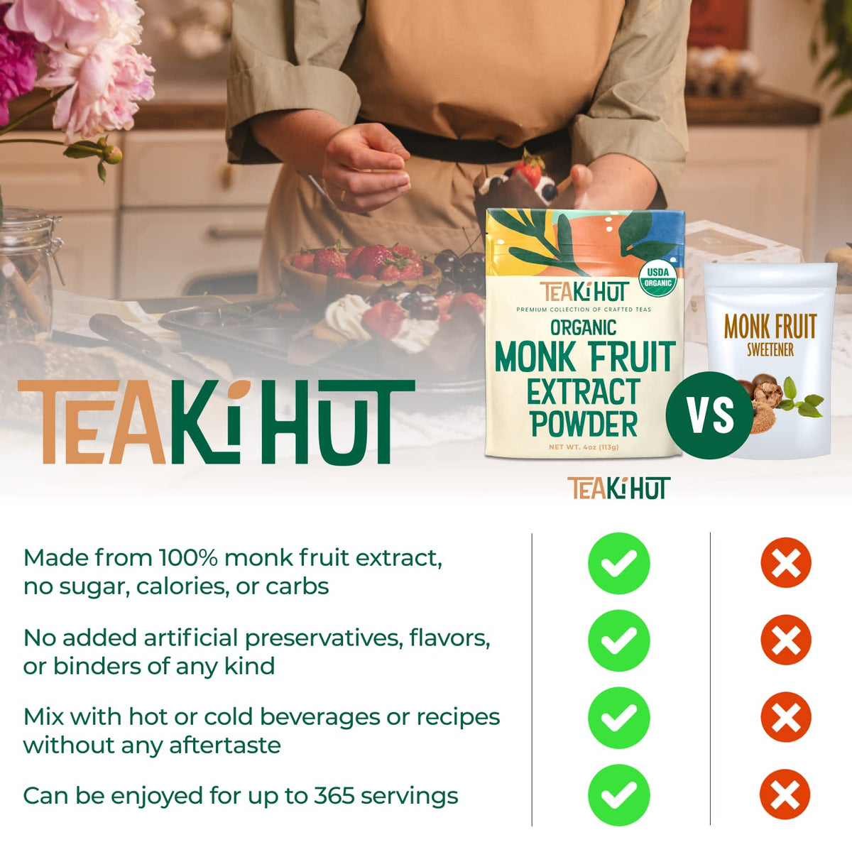 TEAki Hut Organic Monk Fruit Sweetener, 4oz, ZeroCalorie & Keto, 365 TeakiHut
