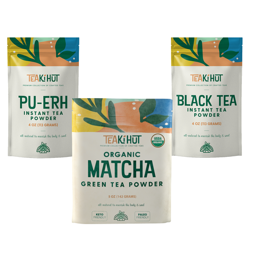 TEAki Hut Instant Tea Powder Bundle Matcha, Black & Pu-Erh